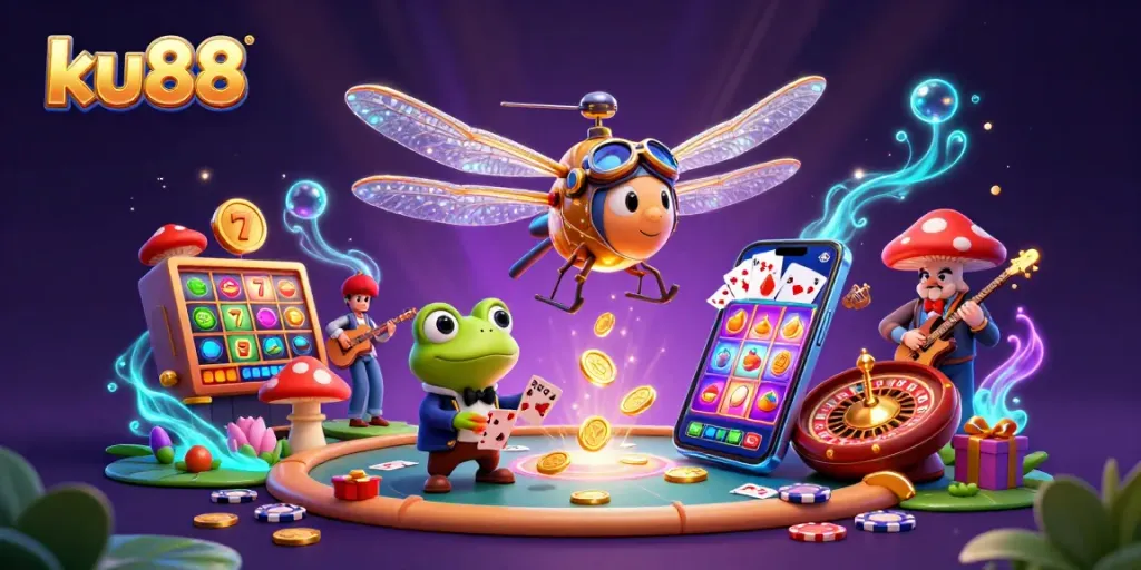 Experience the thrilling atmosphere of ku88 as a dragonfly pilot and frog croupier engage in casino excitement.