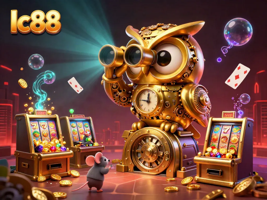 Watch lc88's magical slot machines amidst a vibrant casino scene with gold coins and whimsical characters.
