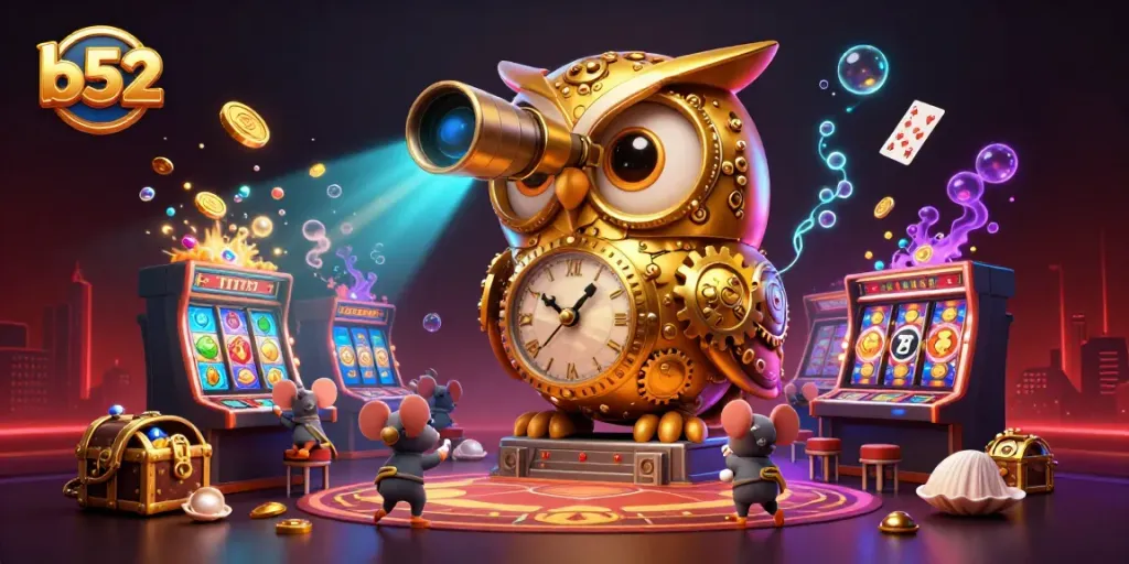 Engage with b52's thrilling casino atmosphere featuring spinning slots and playful characters.