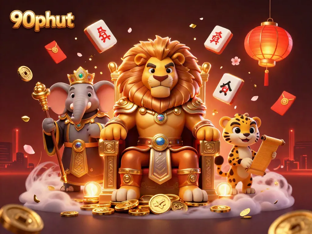 Experience thrilling bets with 90phut as a royal lion king presides over an energetic gaming scene.