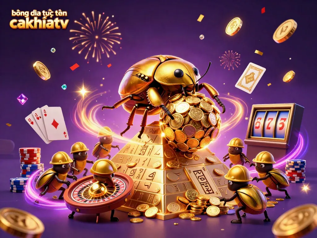 Bóng đá trực tuyến cakhiatv showcases a golden beetle scene celebrating casino luck with coins and gems.