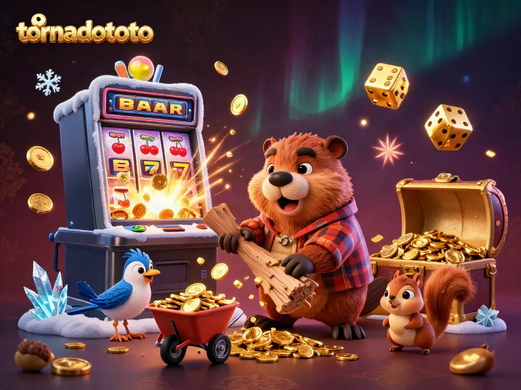 Experience the excitement of tornadototo with a cartoon beaver, coins falling, and slots bursting in a vibrant casino atmosphere.