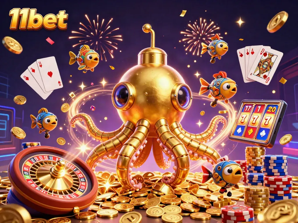 Experience the thrilling world of 11bet with a vibrant illustration showcasing casino elements and golden treasures.