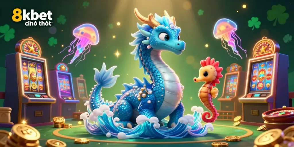 Experience thrilling action with 8kbet chính thức in an ultra-detailed fantasy casino scene featuring vibrant characters and games.