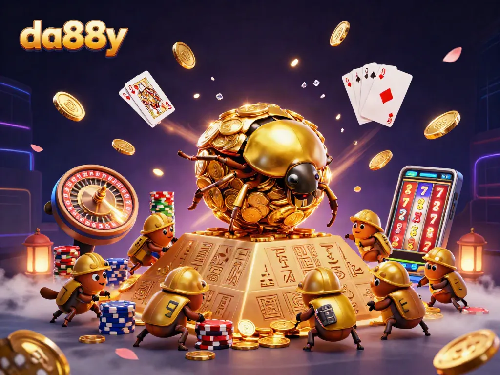 Experience excitement with da88y through a vibrant 3D casino scene featuring golden beetles and sparkling coins.