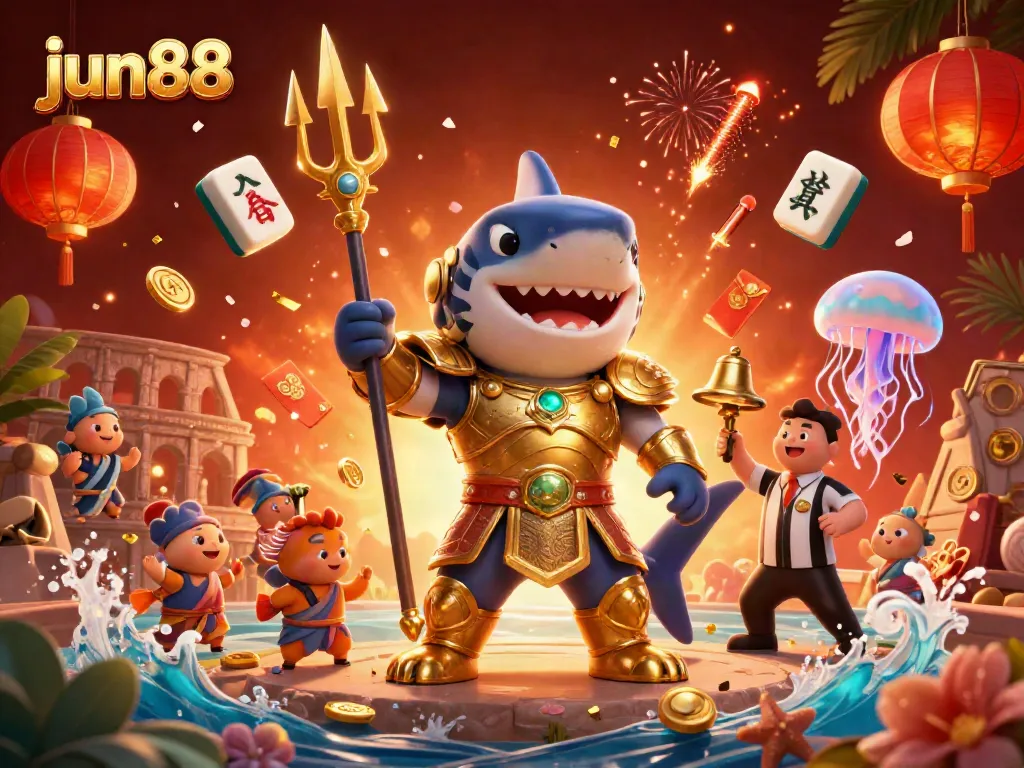 Experience the thrilling underwater colosseum of jun88 with a 3D tiger shark and festive casino elements.