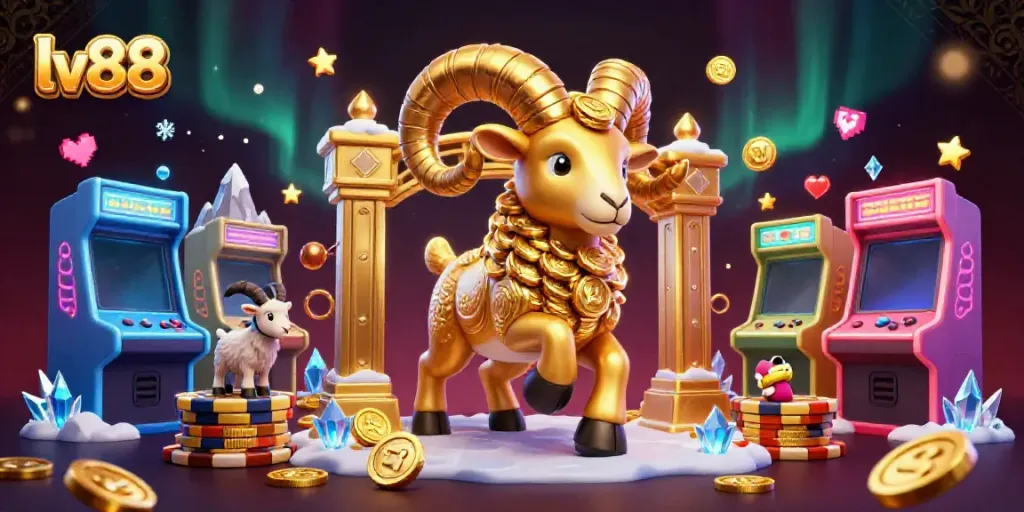 Engage with the vibrant lv88 gaming experience featuring an incredible ram character amidst a rich casino vibe.
