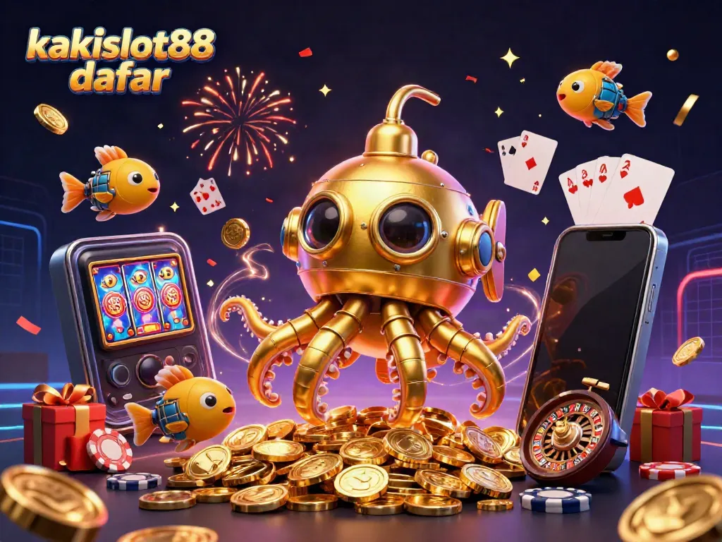 Permainan slot menarik di kakislot88 daftar dengan kraken emas dan ikan mekanik bersinar di lautan koin.
