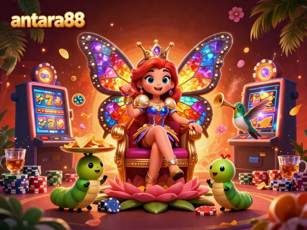 Experience gaming excitement with antara88 through a vibrant 3D illustration of a butterfly queen amidst slot machines and poker chips.