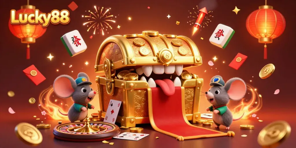 Experience the excitement of Lucky88 with a vibrant casino scene featuring a treasure chest and festive elements.
