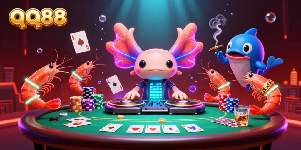 Experience thrilling moments at qq88, featuring a neon DJ axolotl and vibrant poker chips in a lively underwater casino.