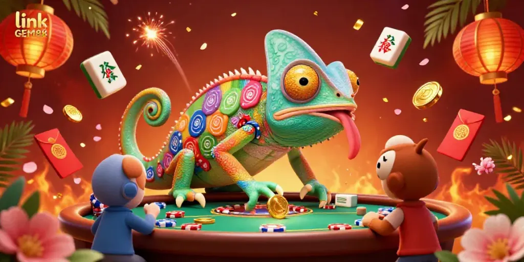 Experience the excitement of link GEM88 with a vibrant chameleon and dazzling 3D casino elements.
