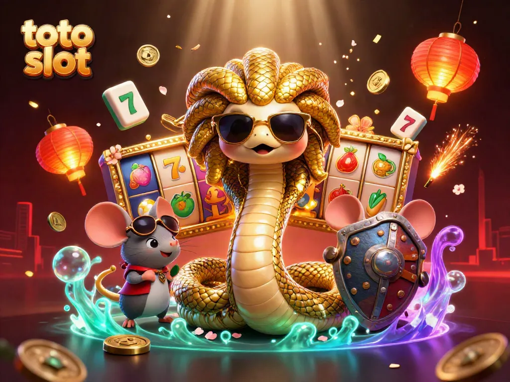 Toto slot theme featuring Medusa and a warrior mouse in a vibrant casino scene with slot icons.