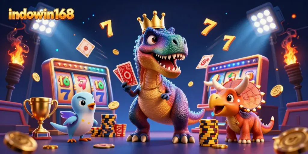 Experience the excitement of indowin168 with cartoon dinosaurs playing cards amidst dazzling jackpot symbols.