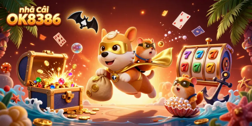 Experience the thrill of gambling at Nhà cái OK8386 with cartoon superheroes and vibrant casino elements.