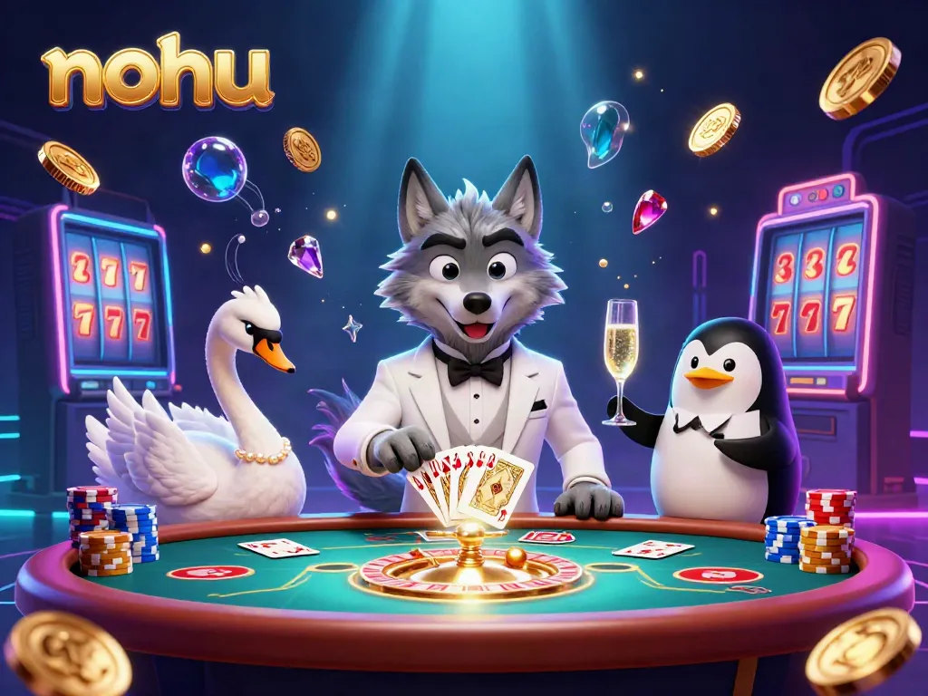 Experience thrilling nohu gameplay with a debonair wolf and elegant companions at a vibrant casino scene.