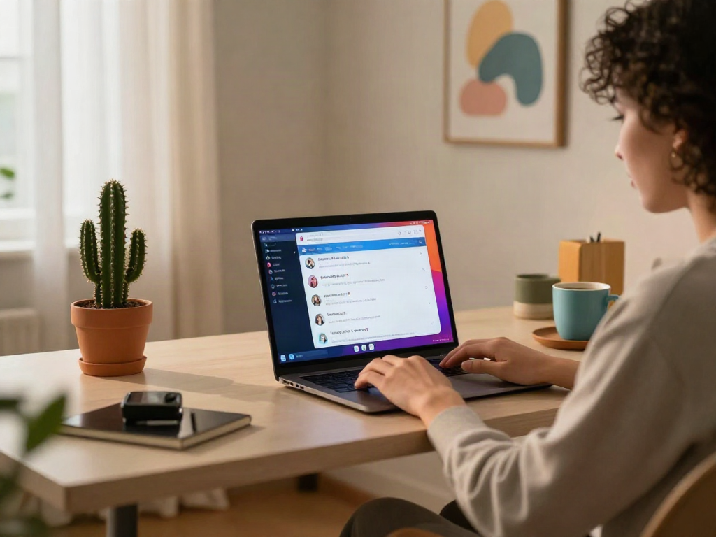 Engaging in nsfw chat in a cozy modern home office with inviting ambiance.