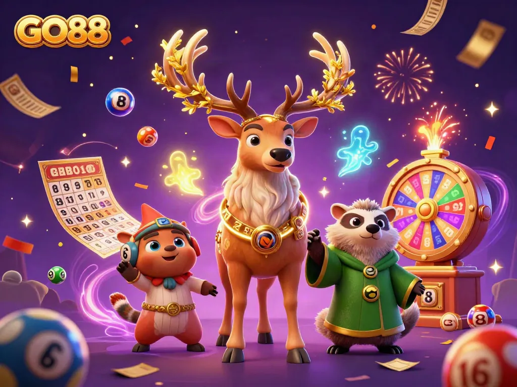 Engage with GO88's vibrant gaming atmosphere featuring a Celtic druid stag and badger