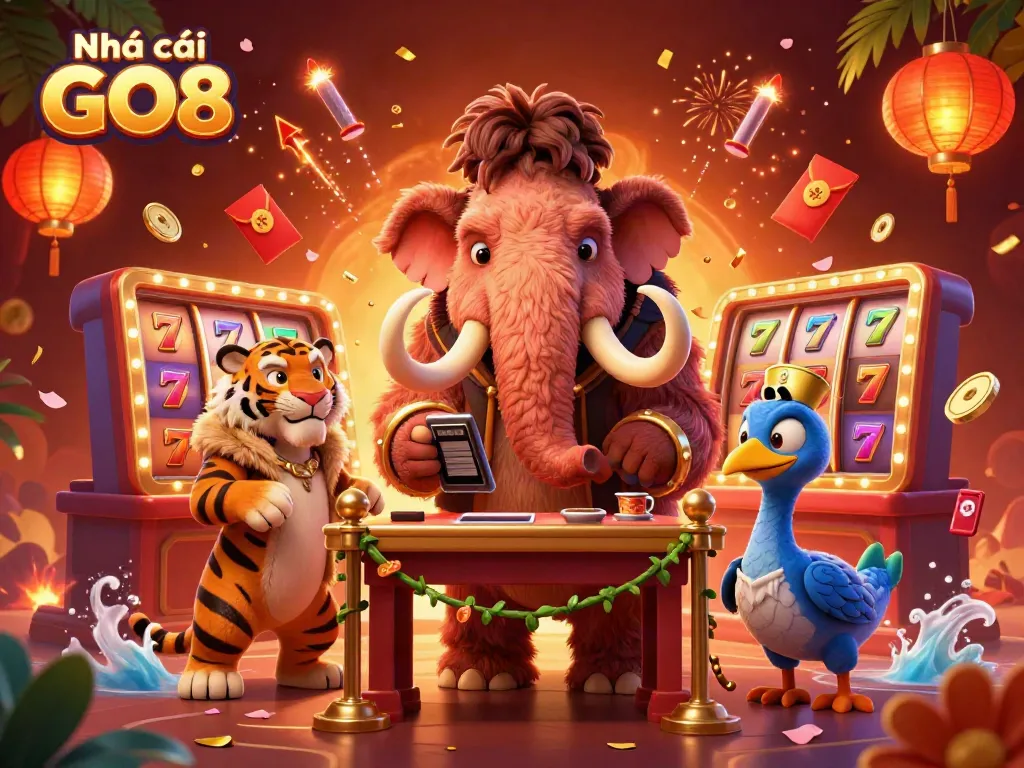 Join the excitement with Nhà cái GO8 as cartoon characters celebrate in a vibrant casino scene.
