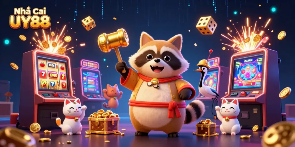 Engage with exciting games at Nhà cái UY88, featuring vibrant illustrations of a cheerful tanuki and lucky symbols.
