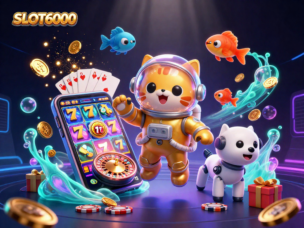 Play exciting slot games on SLOT6000 with a captivating 3D scene featuring an astronaut cat, robot dog, and alien fish.