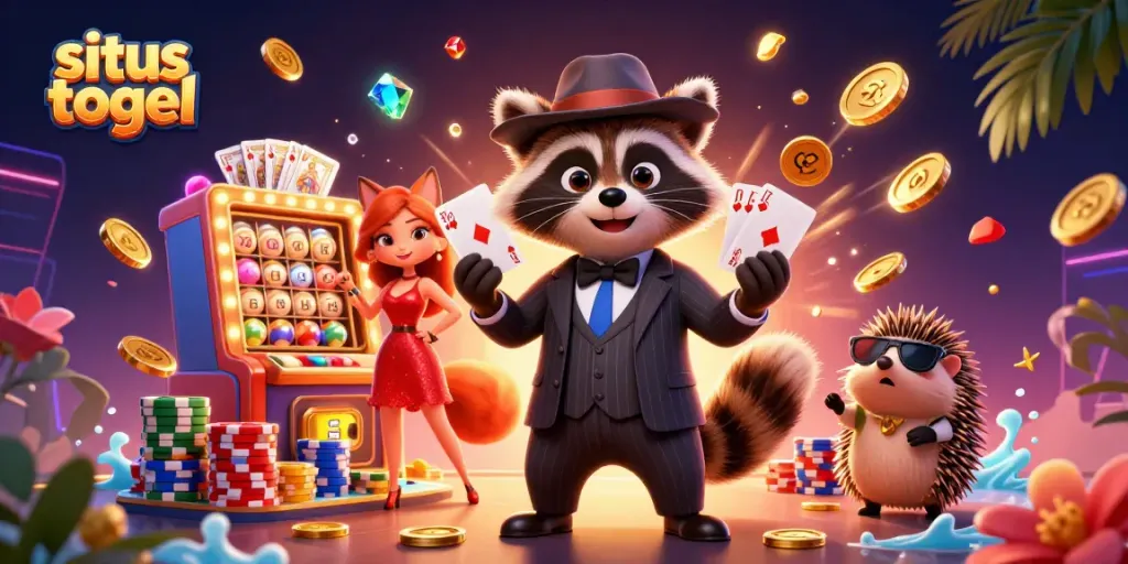 Gambarkan situs togel dengan karakter kartun dan mesin undian penuh warna