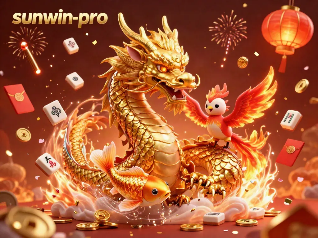 Engage with sunwin-pro through a dynamic illustration of a golden dragon, phoenix, and koi fish, embodying the thrill of gambling.