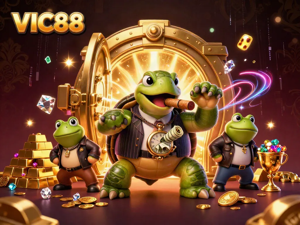 Experience the excitement of VIC88 with animated casino characters amidst treasures and lights.