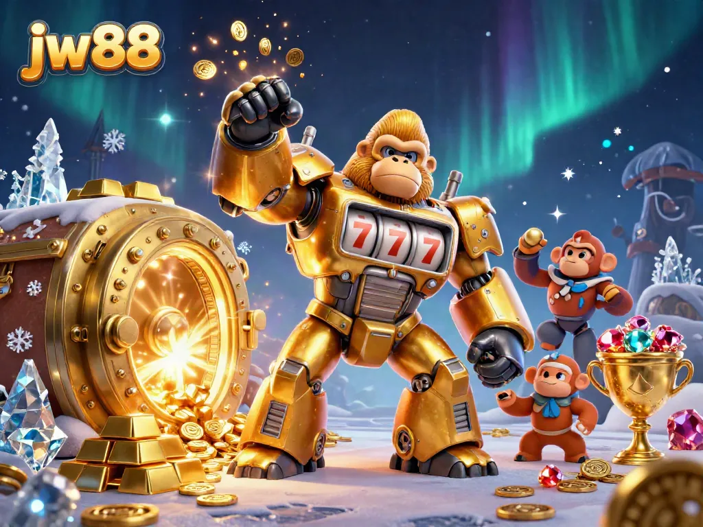 Engaging scene with a golden mech representing jw 88 bursting with coins, surrounded by riches.