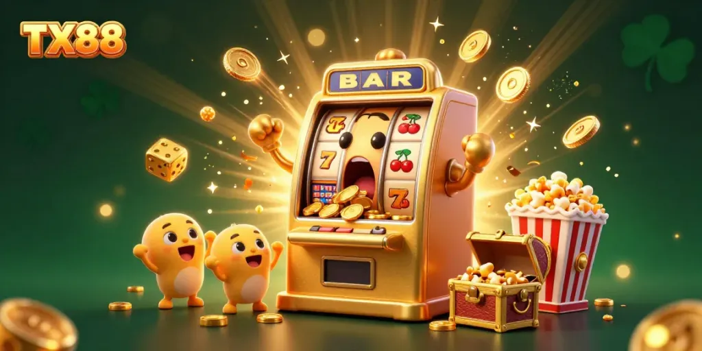 Celebrate big wins at TX88 with a vibrant 3D golden slot machine scene bursting with coins and fun!