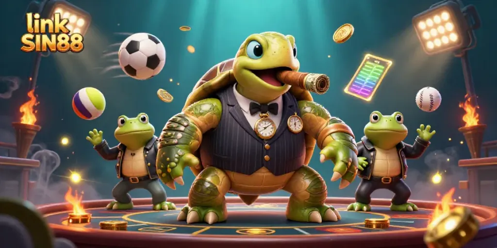 Engage with the excitement of link SIN88 as a giant snapping turtle in a mobster suit presides over a vibrant casino scene.