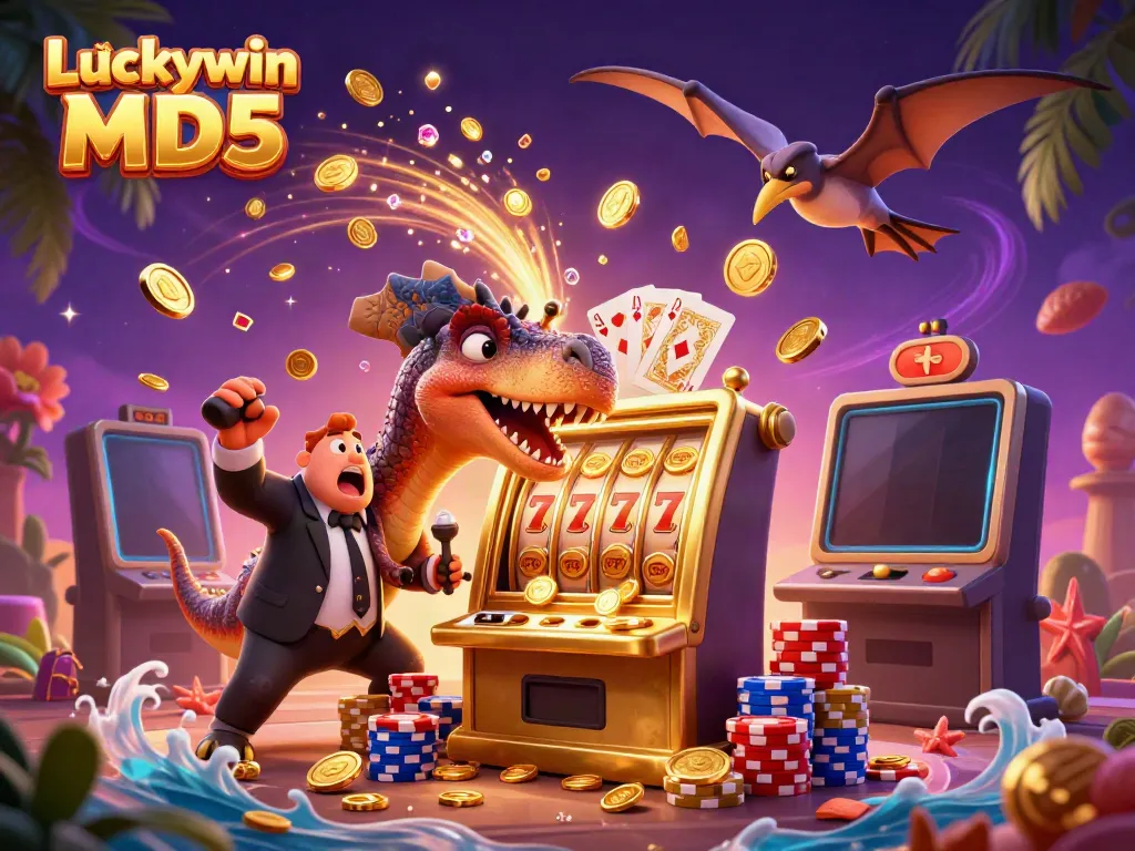 Luckywin tài xỉu MD5 showcases animated characters celebrating jackpot wins with cascading coins in a vibrant casino scene.
