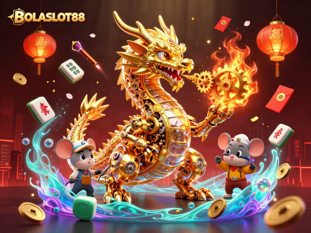 BOLASLOT88 showcases a vibrant 3D cartoon scene with a golden dragon and festive elements, capturing the thrill of gaming.