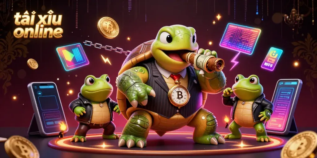 Experience the thrill of tài xỉu online with a vibrant casino scene showcasing a turtle mobster and bullfrog enforcers.