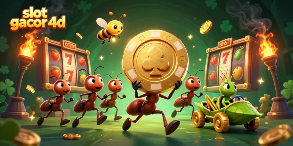 Slot gacor 4d menampilkan karakter semut 3D beraksi membawa chip poker emas dalam suasana bersinar.