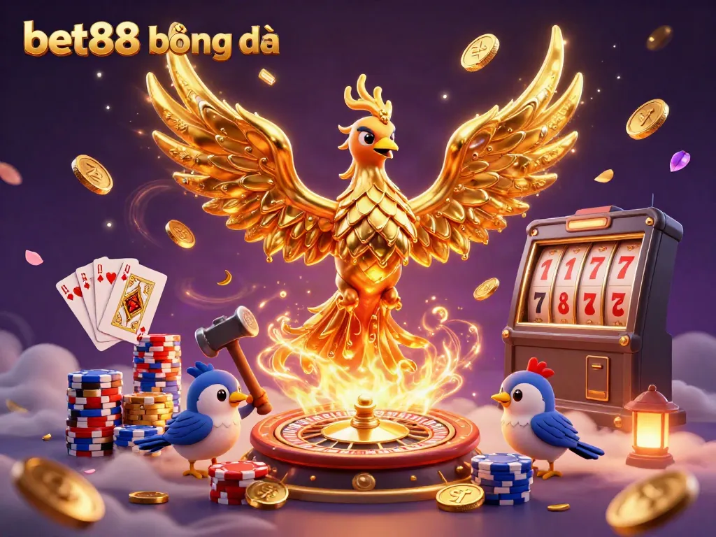Experience the thrill of betting at bet88 bóng đá with an exhilarating scene of a golden phoenix surrounded by casino elements.